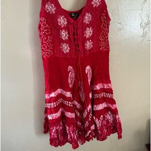 Red Floral embroidered dress with tie in the front